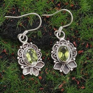 Any 4/$25! Silver Ornamental Olive Green Crystal Drop Earrings